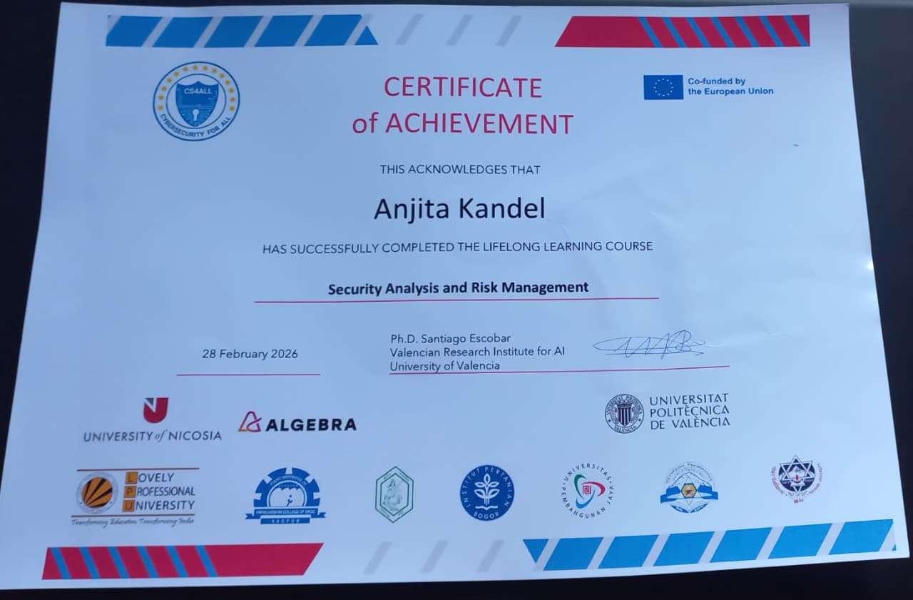 Security Analysis and Risk Management certificate of achievement