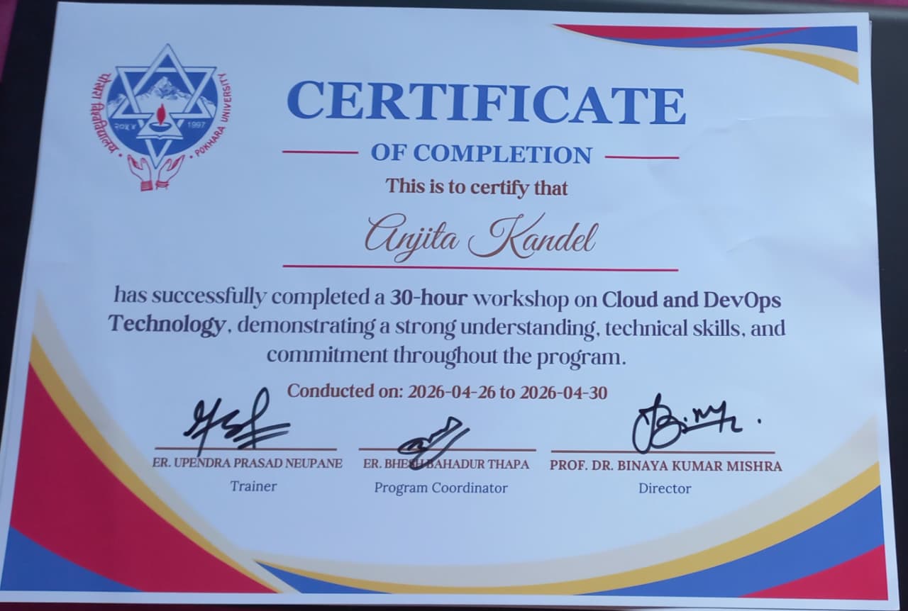 Cloud and DevOps Technology workshop certificate from Pokhara University