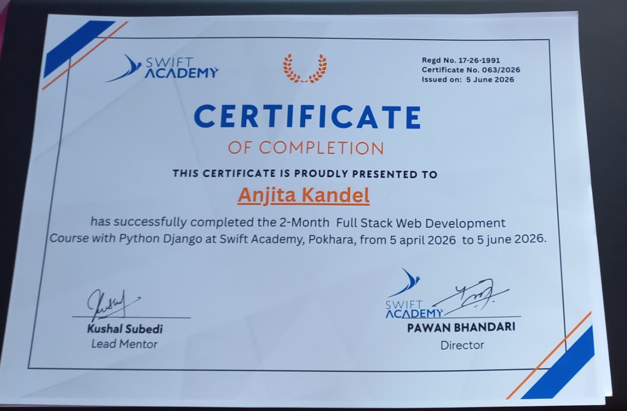 Full Stack Web Development with Python Django certificate from Swift Academy